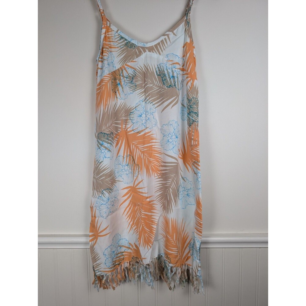 Santiki Dress Cover Up Swim White With Blue Flower Peach Pattern Fringe Small